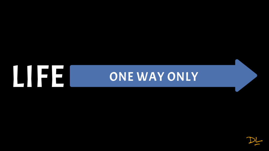 Text reads "Life." Next to the text is a right-facing arrow with text inside of it that reads "one way only."