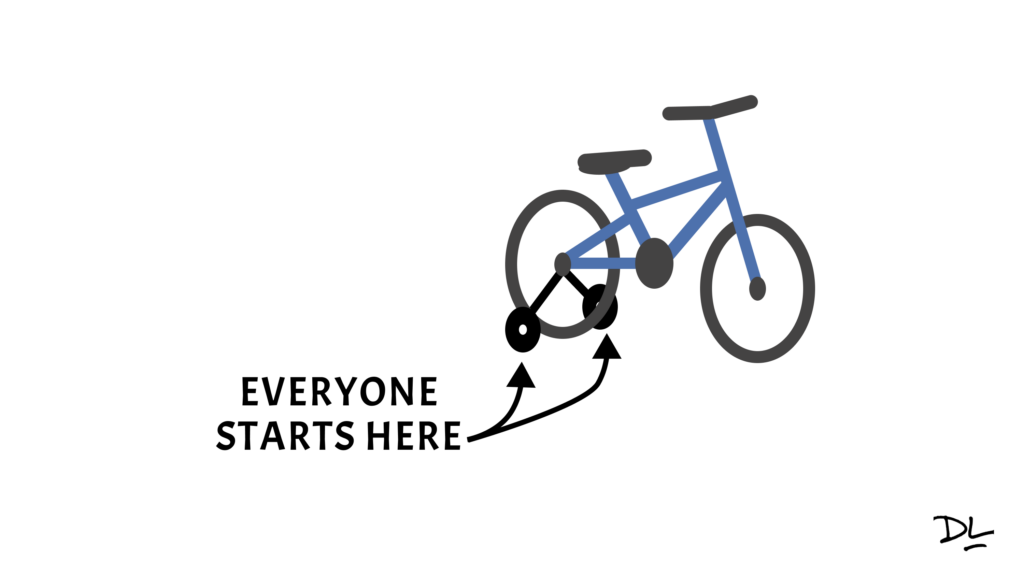 Bicycle with training wheels. Arrows pointing to training wheels with text that reads "Everyone starts here."