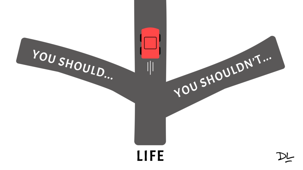Road labeled "life" with three branches. Branch to the left is labeled "You should..." and branch to the right is labeled "You shouldn't..." Branch in the middle has a car speeding past the other two branches.