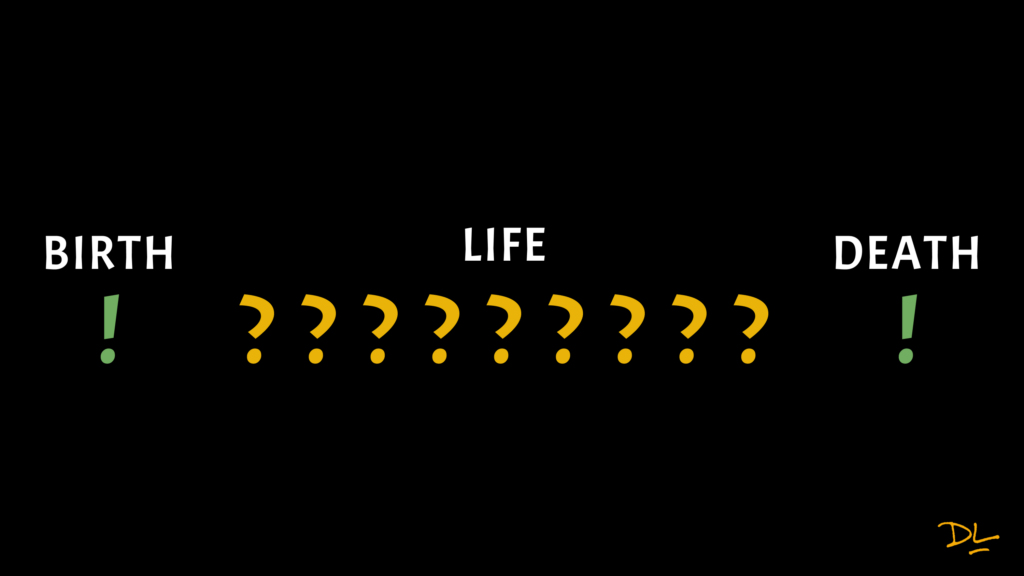 Text "Birth" with an exclamation point below it. Text "Life" with nine question marks below it. Text "Death" with an exclamation point below it.