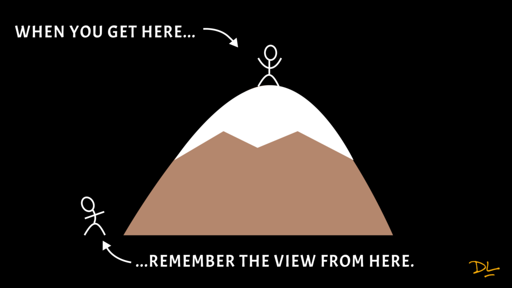 Text: When you get here pointing to person at top of mountain. Text: Remember the view from here pointing at person at bottom of mountain.