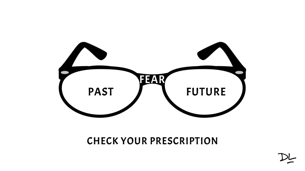 Eyeglasses with "past" and "future" on each lens and "fear" on the bridge. Text below reads "Check your prescription."