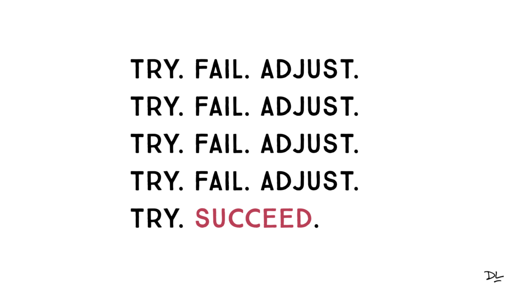 4 lines of text that read "Try. Fail. Adjust." 1 line that reads "Try. Succeed."