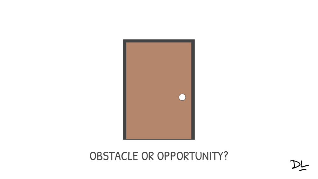 hand-drawn image of a door with text below that reads "Obstacle or Opportunity?"