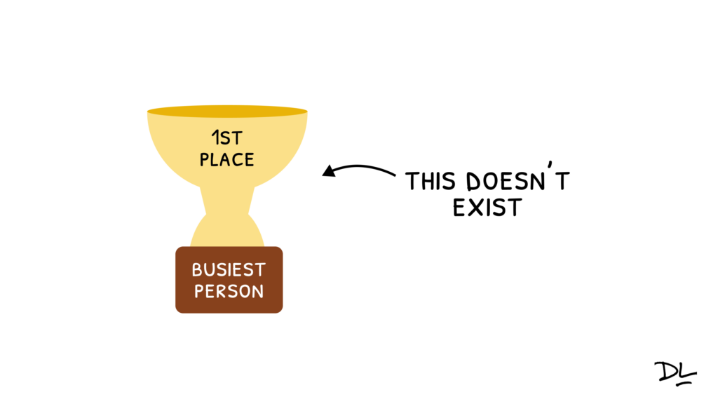 Trophy labeled "First Place - Busiest Person" with arrow pointing to trophy with text that reads "This doesn't exist."
