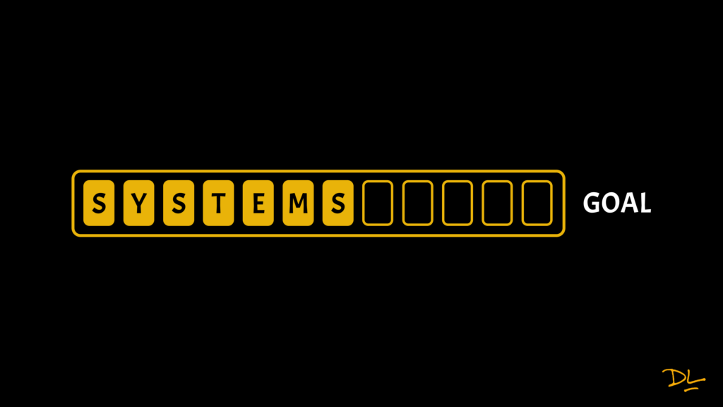 Progress meter with six filled bubbles and five unfilled bubbles. Each letter of the word "system" spelled out in one of the filled bubbles. The word "goal" is to the right of the progress meter.